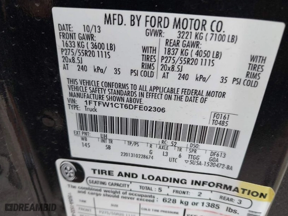 2013 Ford F-150 XL with VIN 1FTFW1CT6DFE02306, listed as a IAAI auction lot 41504803 with 110,302 mi miles. Bid and sale history available at carsss.com. Image 9.