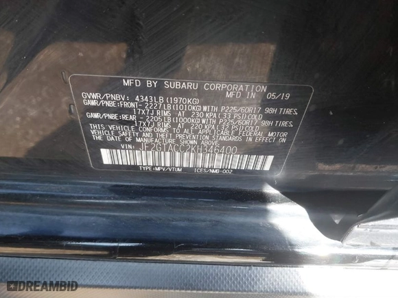 2019 Subaru Crosstrek Premium with VIN JF2GTACC2KH346400, listed as a IAAI auction lot 41544704 with 58,469 mi miles. Bid and sale history available at carsss.com. Image 9.