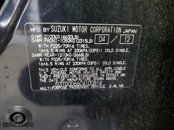 2012 Suzuki Grand Vitara Premium with VIN JS3TD0D66C4100814, listed as a Copart auction lot 89250025 with 102,381 mi miles and Salvage Title. Bid and sale history available at carsss.com. Image 15.