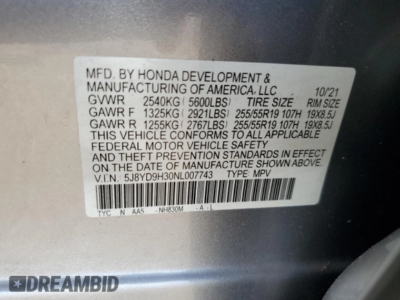 2022 Acura MDX with VIN 5J8YD9H30NL007743, listed as a Copart auction lot 62997924 with Not provided miles and Salvage title. Bid and sale history available at DreamBid. Image 13.