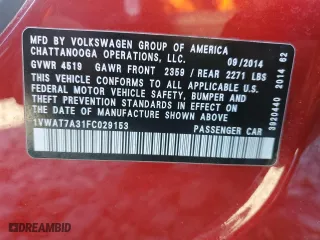 2015 Volkswagen Passat 1.8T Limited Edition with VIN 1VWAT7A31FC029153, listed as a Copart auction lot 45638115 with 148,602 mi miles and Salvage Title. Bid and sale history available at carsss.com. Image 12.
