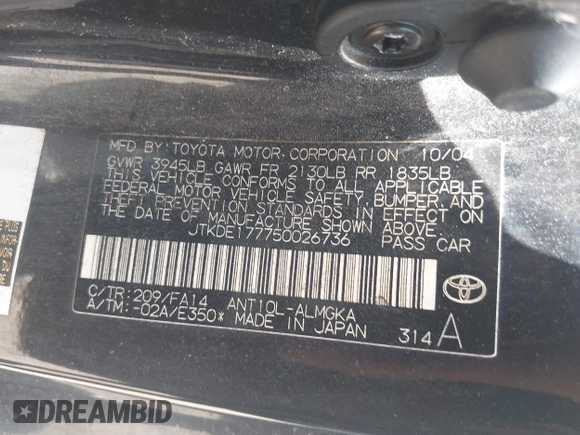 2005 Scion tC with VIN JTKDE177750026736, listed as a IAAI auction lot 42075370 with 246,192 mi miles. Bid and sale history available at carsss.com. Image 9.