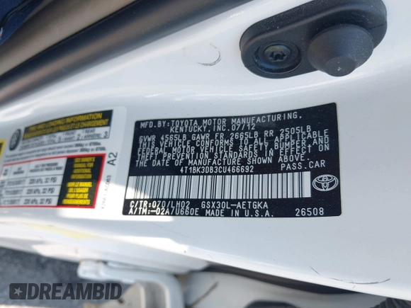 2012 Toyota Avalon with VIN 4T1BK3DB3CU466692, listed as a IAAI auction lot 42591609 with 183,912 mi miles and . Bid and sale history available at DreamBid. Image 9.