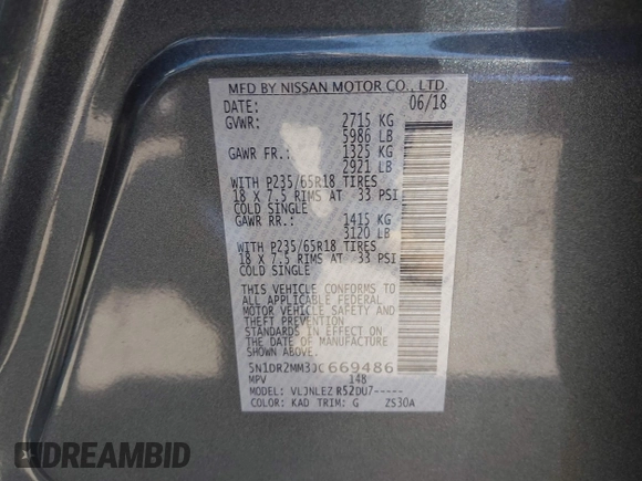 2018 Nissan Pathfinder SV z VIN 5N1DR2MM3JC669486, wystawiony jako IAAI lot #42419913 z przebiegiem 115 408 mil mil oraz . Historia ofert i sprzedaży dostępna na DreamBid. Obrazek 9.