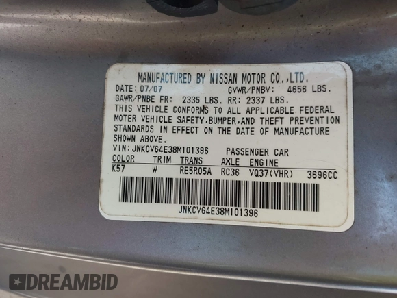 2008 Infiniti G37 Coupe Journey with VIN JNKCV64E38M101396, listed as a IAAI auction lot 42049780 with 128,809 mi miles. Bid and sale history available at carsss.com. Image 9.