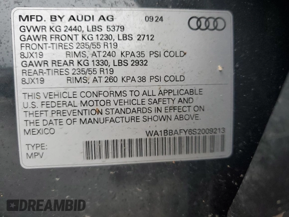 2025 Audi Q5 Premium Plus with VIN WA1BBAFY6S2009213, listed as a Copart auction lot 62832425 with 6,053 mi miles and Salvage title. Bid and sale history available at DreamBid. Image 13.