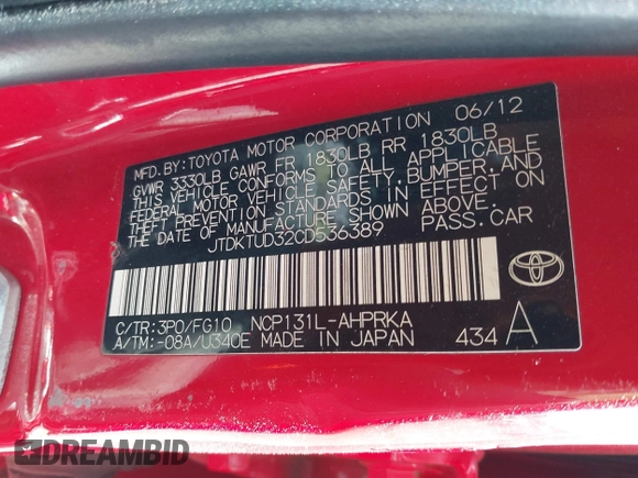 2012 Toyota Yaris L with VIN JTDKTUD32CD536389, listed as a IAAI auction lot 42020928 with 138,379 mi miles. Bid and sale history available at carsss.com. Image 9.