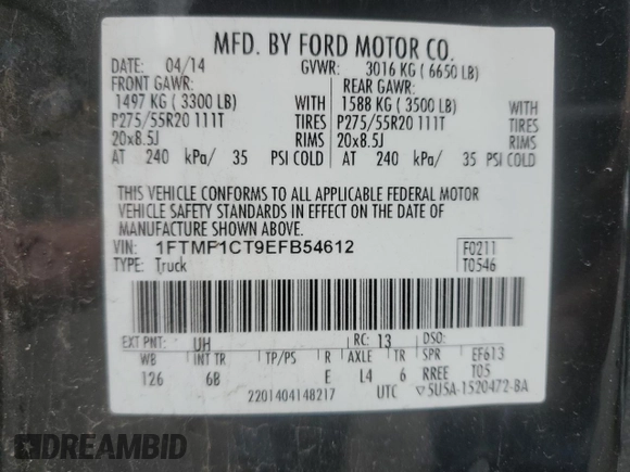 2014 Ford F-150 XL с VIN 1FTMF1CT9EFB54612, выставлен на аукционе Copart как лот 43210385 с пробегом 116 719 миль миль и Списание • Salvage title. История ставок и продаж доступна на DreamBid. Изображение 14.