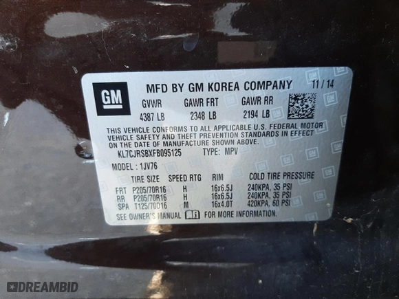 2015 Chevrolet Trax LT with VIN KL7CJRSBXFB095125, listed as a Copart auction lot 53270355 with 136,511 mi miles and Non Repairable. Bid and sale history available at carsss.com. Image 12.