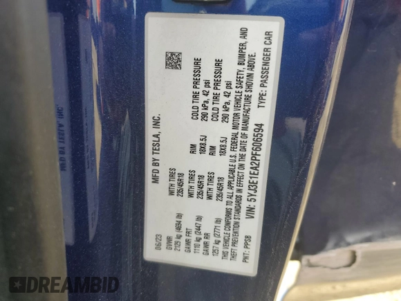 2023 Tesla Model 3 с VIN 5YJ3E1EA2PF606594, выставлен на аукционе Copart как лот 57288255 с пробегом 27 848 миль миль и Списание • Salvage title. История ставок и продаж доступна на DreamBid. Изображение 12.