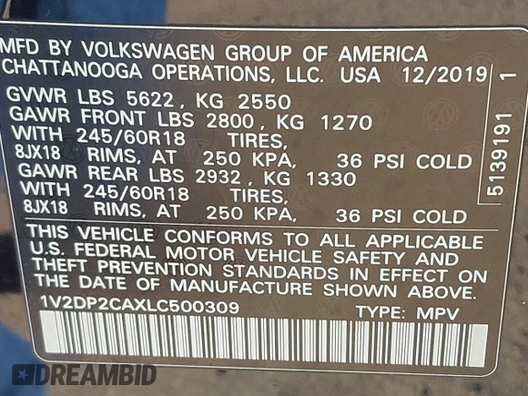 2020 Volkswagen Atlas SE z VIN 1V2DP2CAXLC500309, wystawiony jako IAAI lot #42168053 z przebiegiem 38 511 mil mil oraz . Historia ofert i sprzedaży dostępna na DreamBid. Obrazek 9.