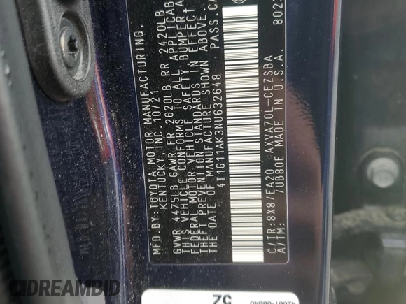 2022 Toyota Camry SE with VIN 4T1G11AK3NU632648, listed as a Copart auction lot 51648605 with 77,860 mi miles and Salvage Title. Bid and sale history available at DreamBid. Image 12.