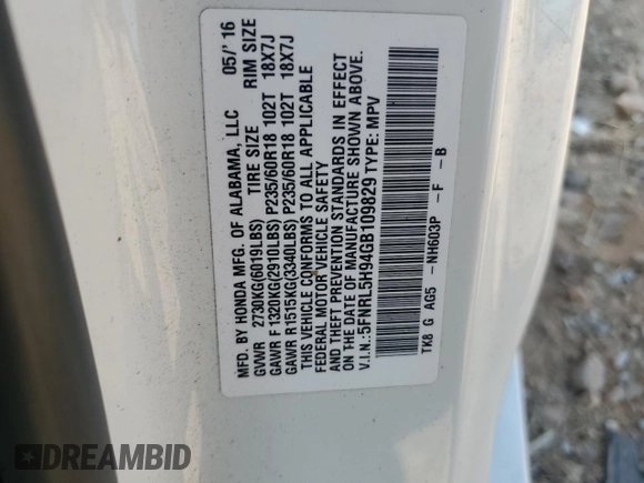 2016 Honda Odyssey Touring Elite with VIN 5FNRL5H94GB109829, listed as a Copart auction lot 52583225 with 70,740 mi miles and Salvage Title. Bid and sale history available at carsss.com. Image 13.
