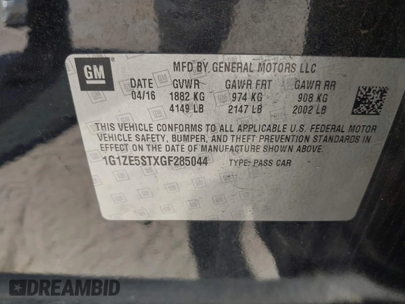 2016 Chevrolet Malibu LT with VIN 1G1ZE5STXGF285044, listed as a IAAI auction lot 41848064 with 122,350 mi miles and . Bid and sale history available at DreamBid. Image 9.