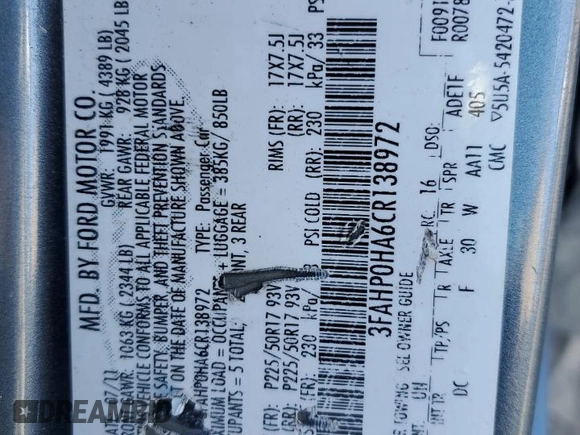 2012 Ford Fusion SE with VIN 3FAHP0HA6CR138972, listed as a Copart auction lot 57448985 with 237,398 mi miles and Salvage title. Bid and sale history available at DreamBid. Image 12.