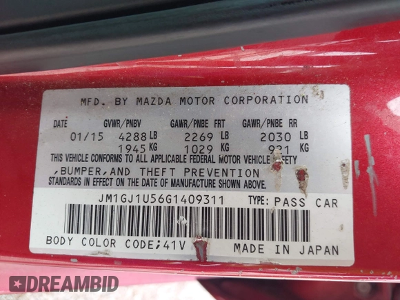 2016 Mazda 6 i Sport with VIN JM1GJ1U56G1409311, listed as a IAAI auction lot 41906256 with 126,548 mi miles and . Bid and sale history available at carsss.com. Image 9.