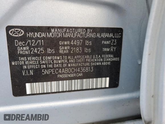 2012 Hyundai Sonata Limited with VIN 5NPEC4AB0CH436813, listed as a Copart auction lot 51798215 with 121,423 mi miles and Clean Title. Bid and sale history available at DreamBid. Image 12.