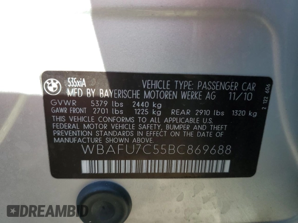 2011 BMW 5 Series 535i xDrive with VIN WBAFU7C55BC869688, listed as a Copart auction lot 50861415 with 116,165 mi miles and Clean Title. Bid and sale history available at DreamBid. Image 13.