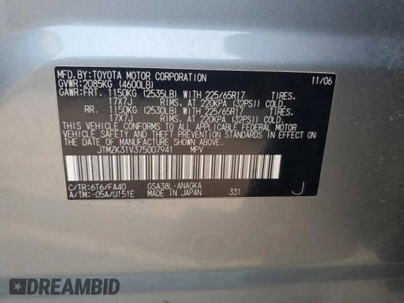 2007 Toyota RAV4 Limited with VIN JTMZK31V375007941, listed as a Copart auction lot 59220475 with 163,939 mi miles and Salvage title. Bid and sale history available at DreamBid. Image 13.