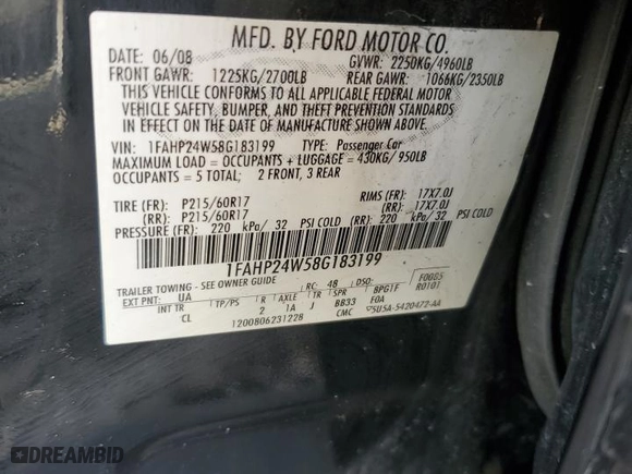 2008 Ford Taurus SEL with VIN 1FAHP24W58G183199, listed as a Copart auction lot 50361345 with 221003 miles and Salvage Title. Bid and sale history available at carsss.com. Image 12.