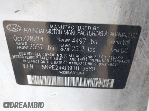 2015 Hyundai Sonata SE with VIN 5NPE24AF8FH119680, listed as a IAAI auction lot 42027807 with 223,193 mi miles and . Bid and sale history available at DreamBid. Image 9.
