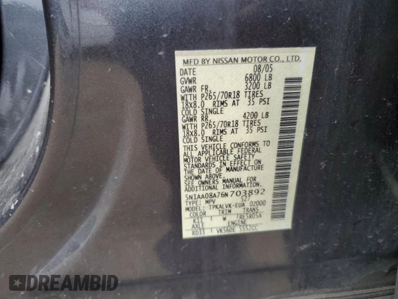 2006 Nissan Armada LE z VIN 5N1AA08A76N703892, wystawiony jako Copart lot #50604815 z przebiegiem 252 274 mil mil oraz Szkoda całkowita • Salvage title. Historia ofert i sprzedaży dostępna na DreamBid. Obrazek 13.