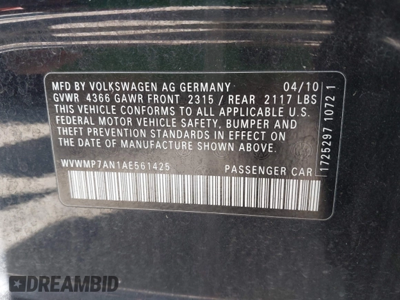 2010 Volkswagen CC Sport with VIN WVWMP7AN1AE561425, listed as a IAAI auction lot 42043338 with 181,032 mi miles and . Bid and sale history available at DreamBid. Image 9.