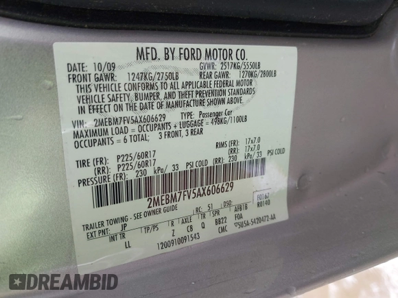 2010 Mercury Grand Marquis LS z VIN 2MEBM7FV5AX606629, wystawiony jako IAAI lot #42345444 z przebiegiem 66 600 mil mil oraz . Historia ofert i sprzedaży dostępna na DreamBid. Obrazek 9.