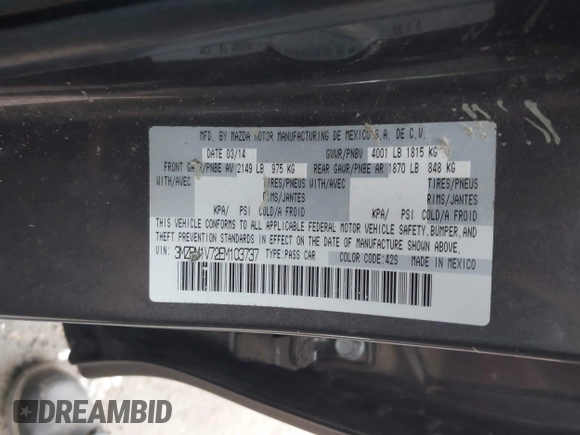2014 Mazda 3 i Touring with VIN 3MZBM1V72EM103737, listed as a IAAI auction lot 41347933 with 197,006 mi miles and . Bid and sale history available at DreamBid. Image 9.