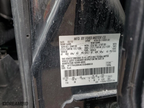 2012 Ford Super Duty F-250 SRW XL with VIN 1FT7W2B64CEB48833, listed as a Copart auction lot 46619415 with 126,860 mi miles and Salvage Title. Bid and sale history available at carsss.com. Image 12.