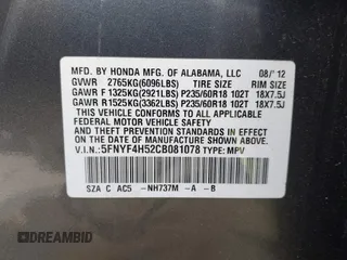 2012 Honda Pilot EX-L with VIN 5FNYF4H52CB081078, listed as a IAAI auction lot 42340966 with 223,319 mi miles and . Bid and sale history available at DreamBid. Image 9.