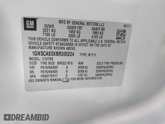 2011 Chevrolet Tahoe LS with VIN 1GNSCAE0XBR306224, listed as a IAAI auction lot 42332751 with 173,005 mi miles and . Bid and sale history available at DreamBid. Image 9.