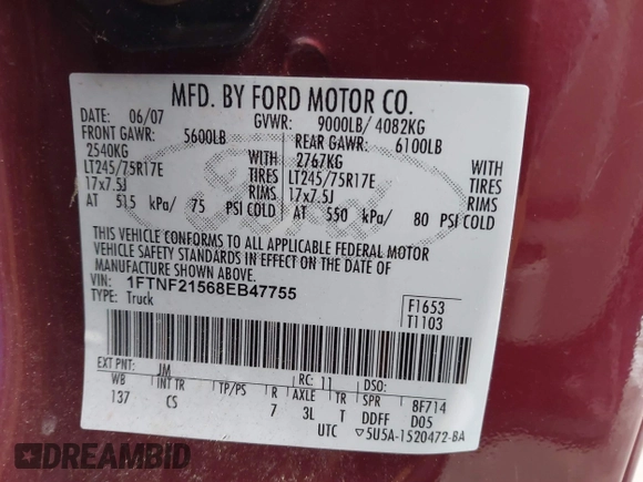2008 Ford F-250 XL with VIN 1FTNF21568EB47755, listed as a IAAI auction lot 41569897 with 176,682 mi miles and . Bid and sale history available at DreamBid. Image 9.