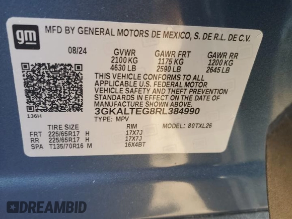 2024 GMC Terrain SLE with VIN 3GKALTEG8RL384990, listed as a Copart auction lot 52880765 with 5,621 mi miles and Salvage Title. Bid and sale history available at DreamBid. Image 12.