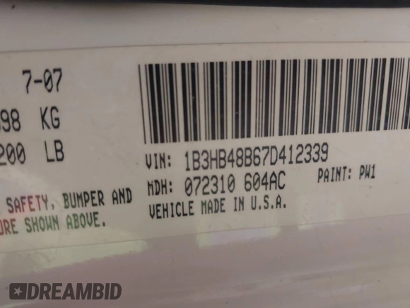 2007 Dodge Caliber SXT with VIN 1B3HB48B67D412339, listed as a IAAI auction lot 42103451 with 170,695 mi miles and . Bid and sale history available at DreamBid. Image 9.