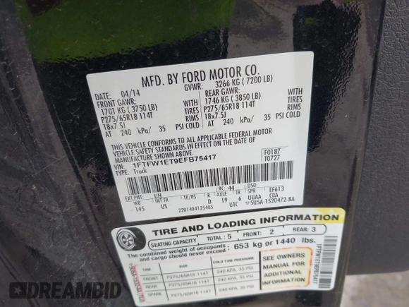2014 Ford F-150 XL with VIN 1FTFW1ET9EFB75417, listed as a IAAI auction lot 42449180 with 219,028 mi miles and . Bid and sale history available at DreamBid. Image 9.