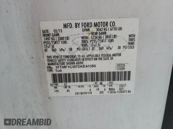 2013 Ford F-150 XL with VIN 1FTMF1CM7DKE41350, listed as a Copart auction lot 47526385 with 210,727 mi miles and Salvage Title. Bid and sale history available at carsss.com. Image 12.