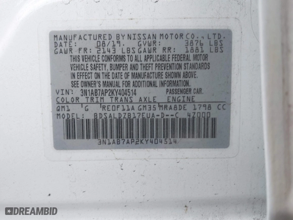 2019 Nissan Sentra SR with VIN 3N1AB7AP2KY404514, listed as a IAAI auction lot 41161710 with 97,885 mi miles. Bid and sale history available at carsss.com. Image 9.