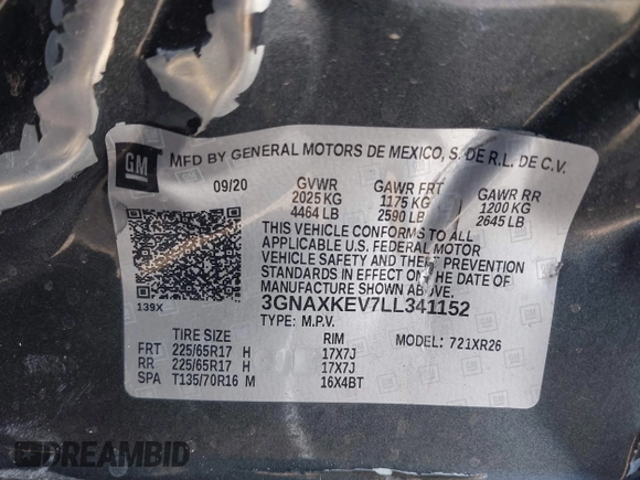 2020 Chevrolet Equinox LT with VIN 3GNAXKEV7LL341152, listed as a IAAI auction lot 41934001 with 87,246 mi miles and . Bid and sale history available at carsss.com. Image 9.