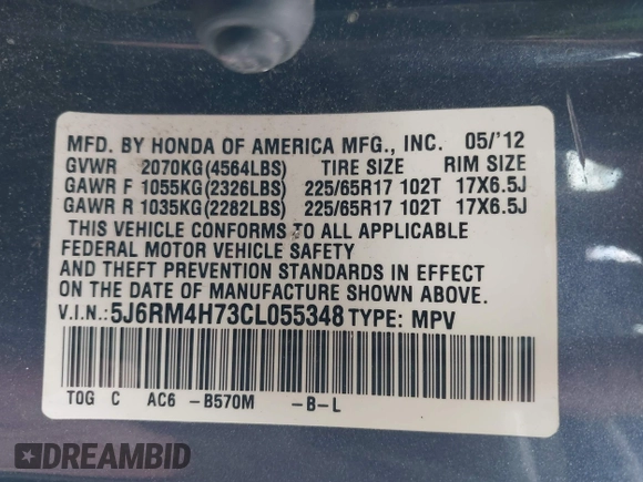 2012 Honda CR-V EX-L with VIN 5J6RM4H73CL055348, listed as a IAAI auction lot 42483959 with 150,097 mi miles and . Bid and sale history available at DreamBid. Image 9.