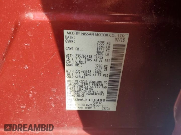 2018 Nissan Murano SL with VIN 5N1AZ2MH5JN130488, listed as a Copart auction lot 48911695 with 133,871 mi miles and Salvage Title. Bid and sale history available at DreamBid. Image 12.
