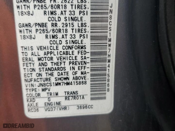 2017 Infiniti QX70 with VIN JN8CS1MW7HM415868, listed as a Copart auction lot 62451924 with 94,763 mi miles and Salvage Title. Bid and sale history available at carsss.com. Image 13.