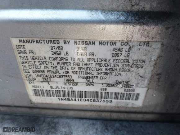 2004 Nissan Maxima SE with VIN 1N4BA41E34C837553, listed as a IAAI auction lot 41897639 with 1 mi miles. Bid and sale history available at carsss.com. Image 9.