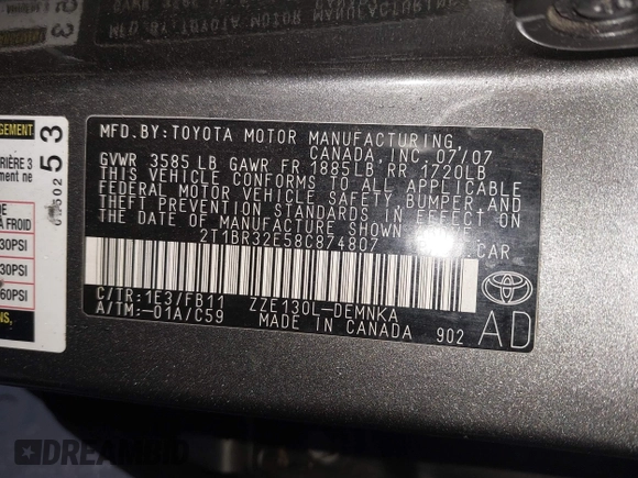 2008 Toyota Corolla CE with VIN 2T1BR32E58T874807, listed as a IAAI auction lot 41475333 with 210,398 mi miles and . Bid and sale history available at DreamBid. Image 9.