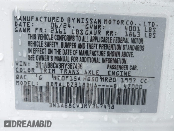 2024 Nissan Sentra SV with VIN 3N1AB8CV3RY367498, listed as a IAAI auction lot 41700309 with 1,705 mi miles and . Bid and sale history available at DreamBid. Image 9.
