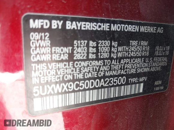 2013 BMW X3 xDrive28i with VIN 5UXWX9C50D0A23500, listed as a IAAI auction lot 42089054 with 260,705 mi miles. Bid and sale history available at carsss.com. Image 9.