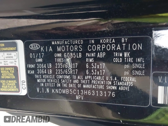 2017 Kia Sedona LX with VIN KNDMB5C13H6313176, listed as a IAAI auction lot 41905086 with 229,950 mi miles and . Bid and sale history available at DreamBid. Image 9.
