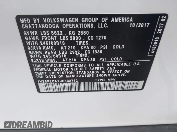 2018 Volkswagen Atlas S with VIN 1V2AP2CAXJC532712, listed as a IAAI auction lot 41177882 with 105,832 mi miles and . Bid and sale history available at DreamBid. Image 9.