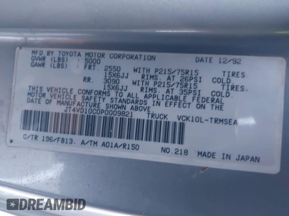 1993 Toyota T100 z VIN JT4VD10C0P0009821, wystawiony jako IAAI lot #41788269 z przebiegiem 144 505 mil mil oraz . Historia ofert i sprzedaży dostępna na DreamBid. Obrazek 9.