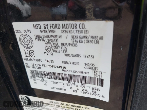 2013 Ford F-150 XL с VIN 1FTFW1EF3DFC14916, выставлен на аукционе IAAI как лот 42343813 с пробегом 217 069 миль миль и . История ставок и продаж доступна на DreamBid. Изображение 9.